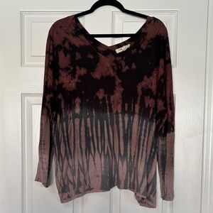 Tie-Dye V-Neck Long Sleeve Top - Black and Brown